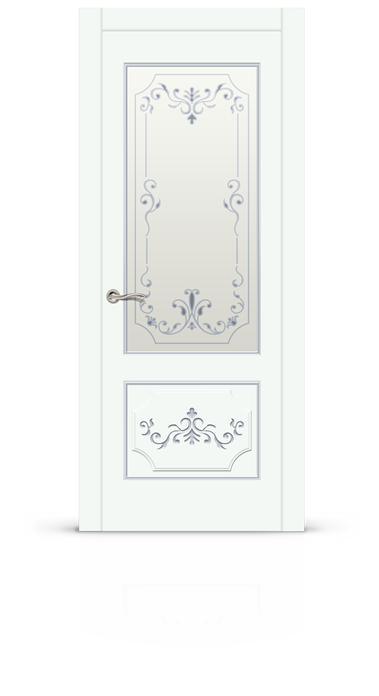 Дверь остеклённая Афина, Белая эмаль 9003 патина серебро
